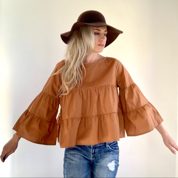 Mod Ref Tops - Burnt Orange Tiered Bell Sleeve Blouse New w/tag L
